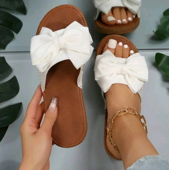 Preppy Slide Sandals For Women, Bow Decor Single Band Flat Sandals - Picture 1 of 7